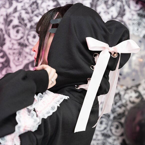 NEW ACDC RAG - Love Punk Lace & Ribbon Black Pink Oversized Zip Up Hoodie - Picture 5 of 6